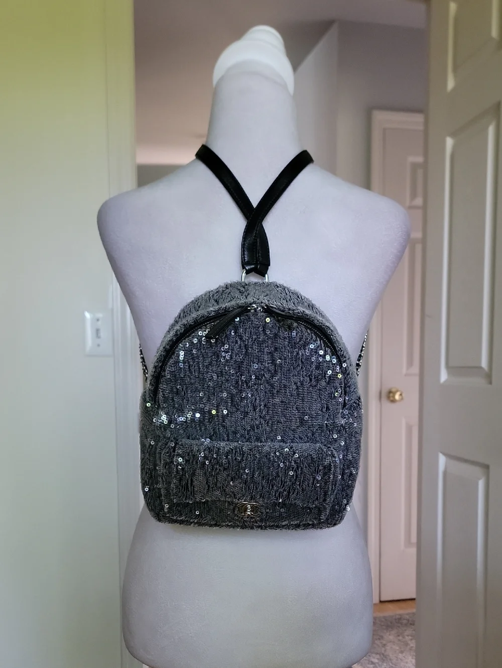 chanel quilted mini backpack Lambskin Logo Black 2 shoulder straps CHANEL Quilted Leather Backpack Grey